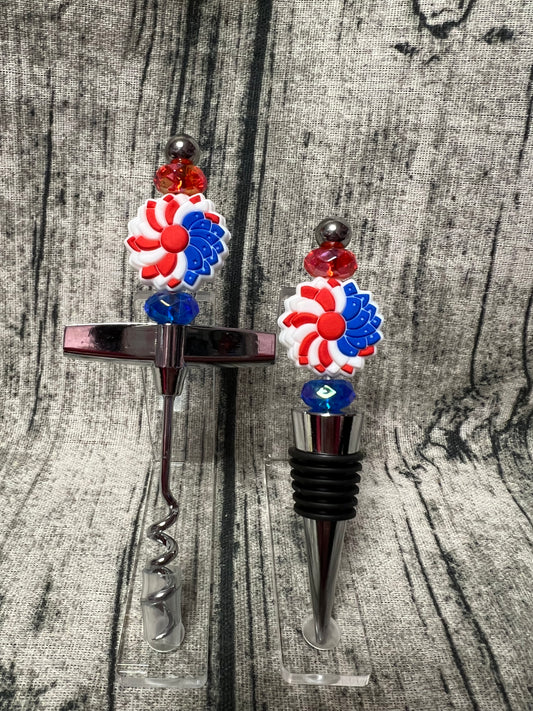 Patriotic Flower Bottle Stopper & Corkscrew Set