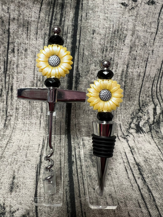 Sunflower Bottle Stopper & Corkscrew Set