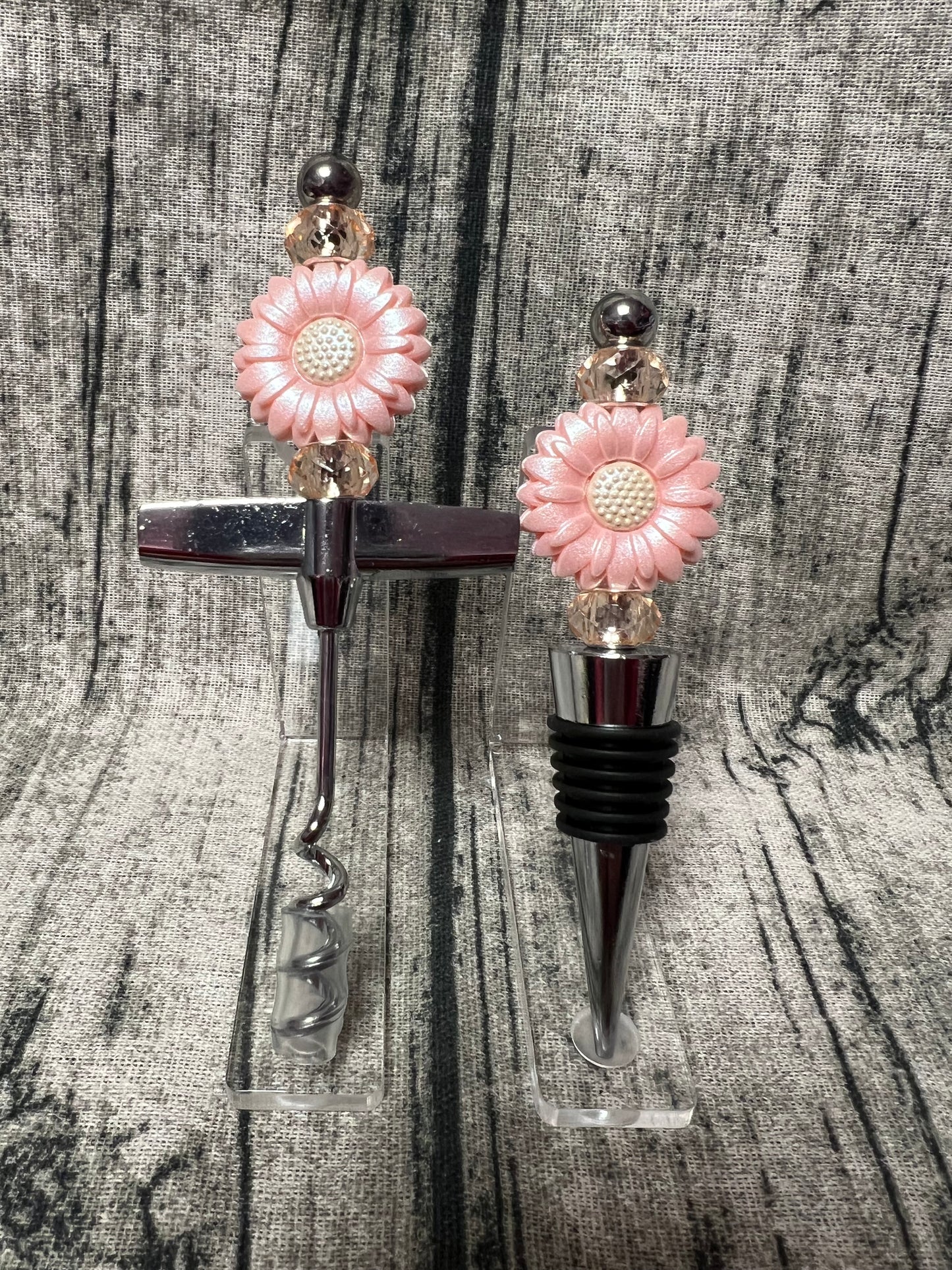 Pink flower Bottle Stopper & Corkscrew set